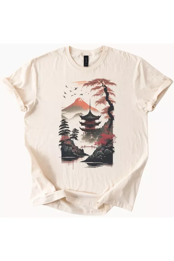 Japanese Pagoda Fuji Mountain Graphic T-Shirt Asian Art Tee Size S-5Xl Heygategoo Tee