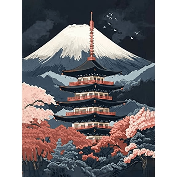 Japanese Pagoda Mount Fuji Cherry Blossom Canvas Wall Art PrintSuitable for Living Room Bedroom Office Hotel Apartment Decor