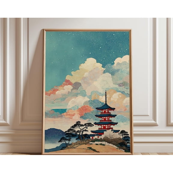 Japanese Pagoda Starry Night Sky Wall Art Print, Unframed Paper Poster 8x10in