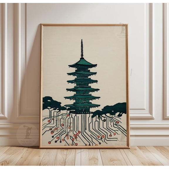 Japanese Pagoda Tech Circuit Poster Unframed Paper Print