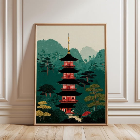 Japanese Pagoda Vintage Landscape Red Temple Illustration Oriental Art, Unframed Canvas 8x10in