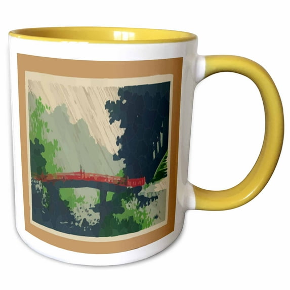 3drose, Japanese Painting Rain over Sacred Bridge, 15oz Two-tone Yellow Mug