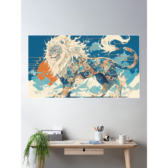 Japanese Pattern Lion Poster Wall Art, Modern Wall Decor For Living Room Bedroom, 24x36 UNFRAMED