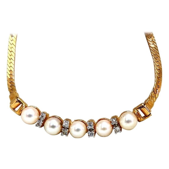 Japanese Pearls & .08ct diamonds Herring Bone Necklace 14kt