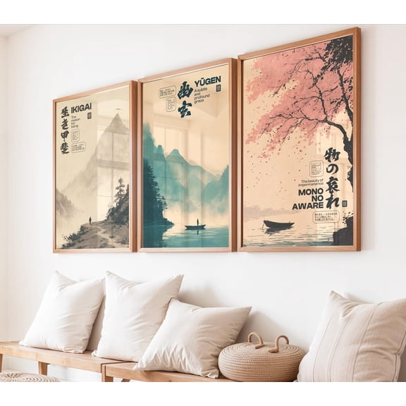 Japanese Philosophy Poster Set Ikigai Yugen Mono No Aware Wall Art Bundle With Kanji Nature Scenes And Japandi Retro Aesthetic, Poster Only