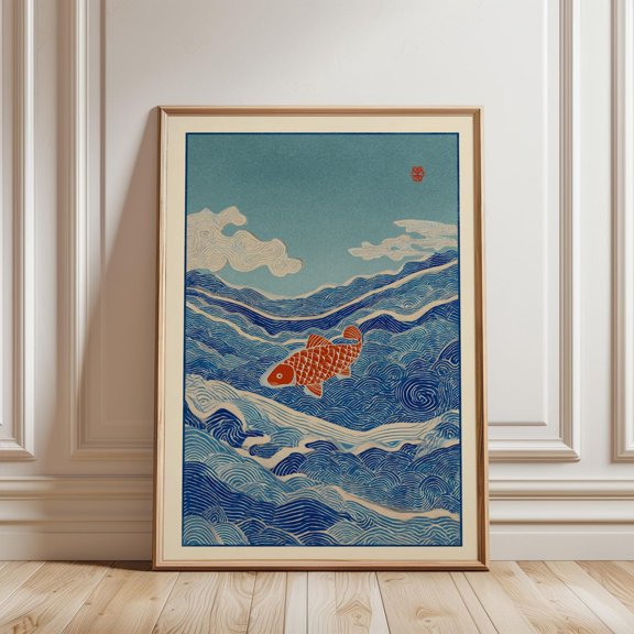 Japanese Pike Blue Woodblock Style Flowing Water Fish Wall Art Print, Unframed Paper Poster 8x10in