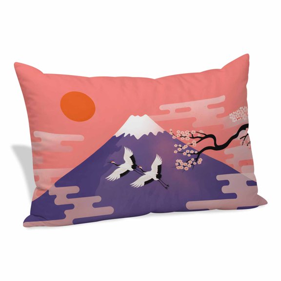 Japanese Pillow Covers, Linen Long Throw Pillow Case, Nature Mountain Sun Blossoms Cherry Scenery Holiday Pillow Protector Decorative Cushion Cover for Living Room/Bedroom 24" x 36"