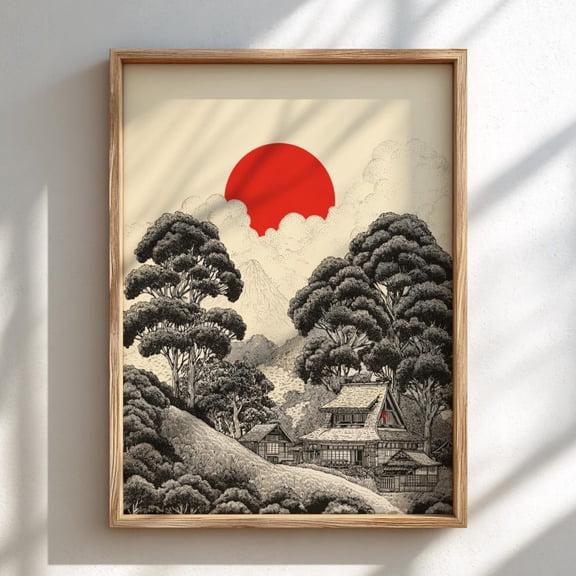Japanese Pine Forest Print: Red Sun Sumi-E Ink Wash Art Home Decor Office Wall Art