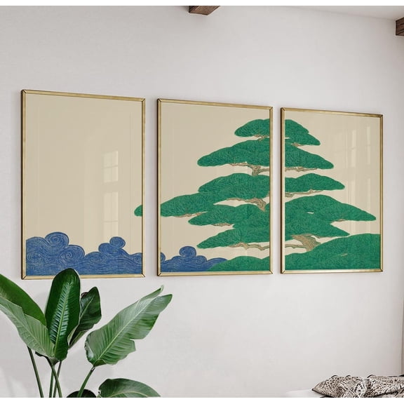 Japanese Pine Tree Green Blue Landscape Modern Triptych Decor Art Set 3 Stretched Canvas 16x24