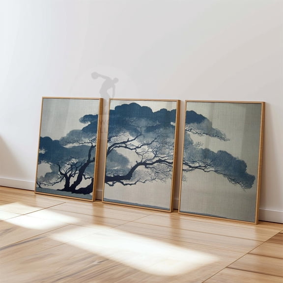 Japanese Pine Tree Indigo Ink Landscape Zen Decor Art Set 3