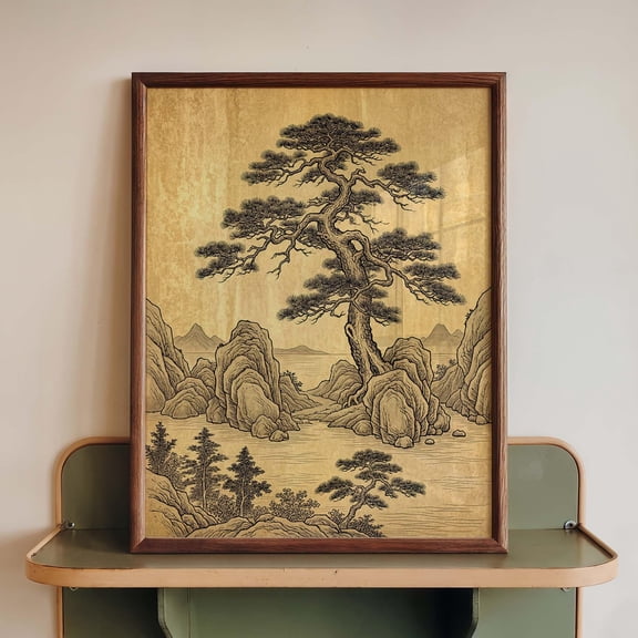 Japanese Pine Tree Wall Art Landscape Poster Sepia Ink Nature Decor