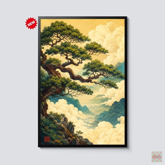 Japanese Pine Tree Wall Art Mountain Cloud Landscape Zen Nature Decor Asian Scenic Artwork Japandi Home Gift