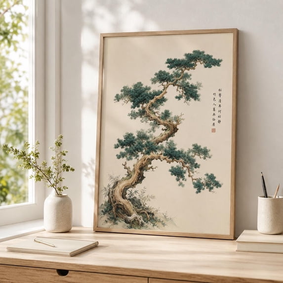 Japanese Pine Tree Zen Garden Japandi Oriental Calligraphy Ancient ...