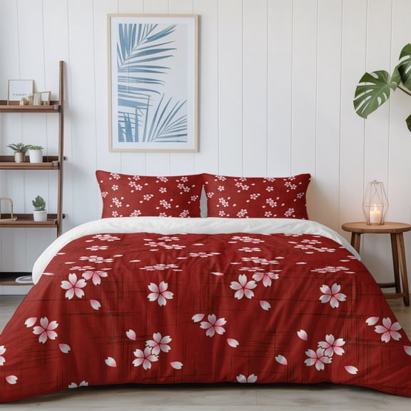 Japanese Pink Cherry Blossom California King Size Bed Set,Red Background Bedding for All Seasons,4 Pcs Bed Set with 1 Quiltcover (96"x104"),1 Sheet (110"x98"),2 Pillowcases (20"x36")