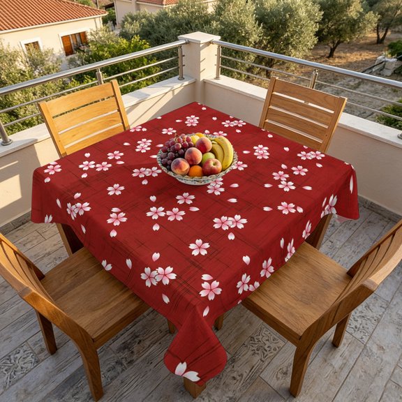 Japanese Pink Cherry Blossom Table Cloth 60x60in, Waterproof Square Tablecloth Wipeable Tablecloths Red Background Table Covers for Dining Tables Party Indoor Outdoor