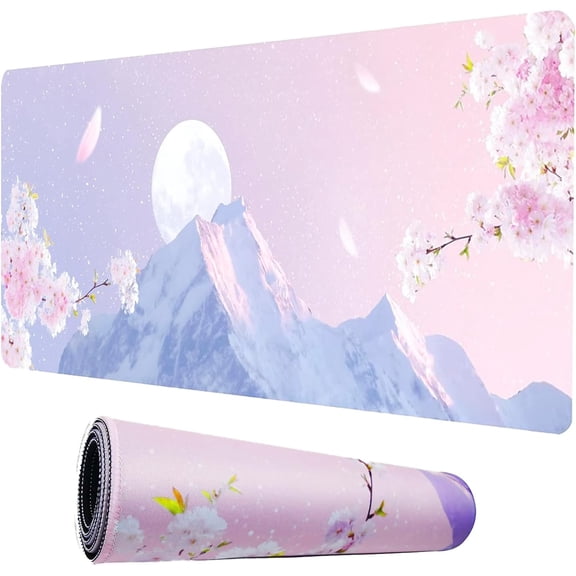 Japanese Pink Cherry Blossoms Mouse Pad XXL Extended Large Gaming Desk Pads Snow Scenery and Mountains Mousepad Non-Slip Rubber Base Desktop Mouse Mat(Size:31.5x11.8in)