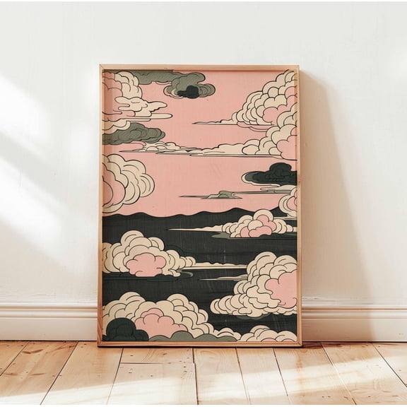 Japanese Pink Cloud Landscape Poster, Vintage Asian Sky Wall Art 12x18 UNFRAMED