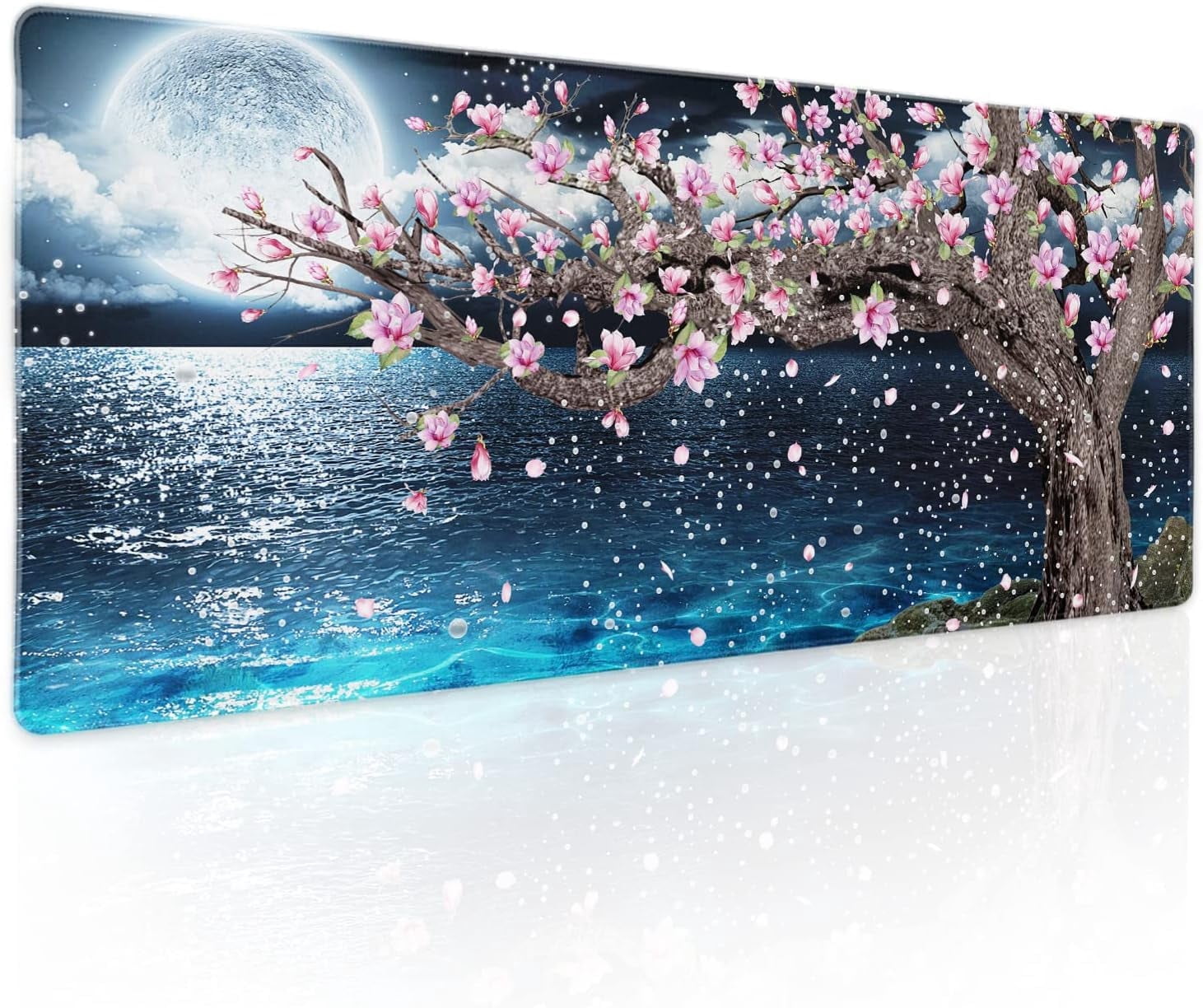 Japanese Pink Floral Gaming Mouse Pad XL Sakura Cherry Blossom Magnolia Tree Blue Ocean Moon Night Extended Big Large Desk Mat Non-Slip Rubber Base Stitched Edge Long Keyboard Mousepad 31.5×11.8 in