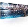 thumbnail image 1 of Japanese Pink Floral Gaming Mouse Pad XL Sakura Cherry Blossom Magnolia Tree Blue Ocean Moon Night Extended Big Large Desk Mat Non-Slip Rubber Base Stitched Edge Long Keyboard Mousepad 31.5×11.8 in, 1 of 6