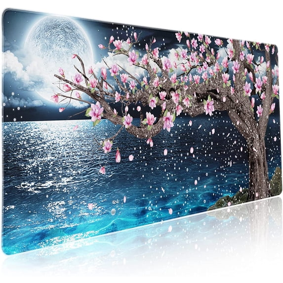 Japanese Pink Floral Gaming Mouse Pad XXL Sakura Cherry Blossom Magnolia Tree Blue Ocean Moon Night Extended Big Large Desk Mat Non-Slip Rubber Base Stitched Edge Long Keyboard Mousepad 35.4×15.7 in