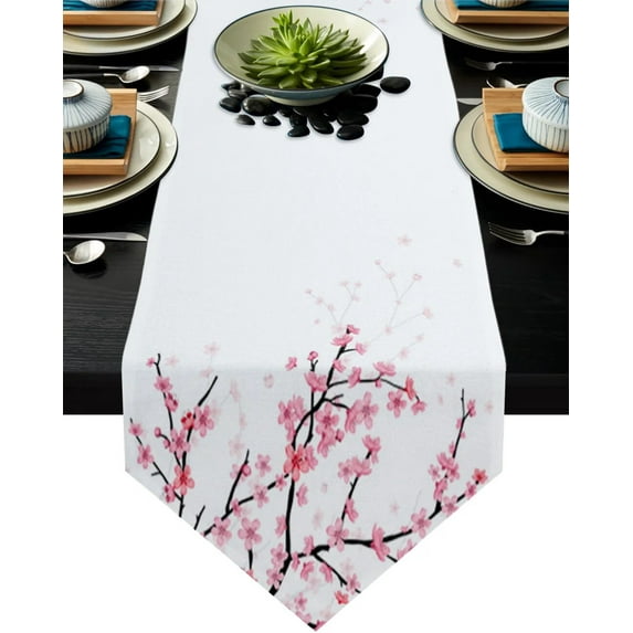 Japanese Pink Flower Cherry Blossom White Table Runners Home Kitchen Dining Tablecloths Wedding Table Decoration Table Runner