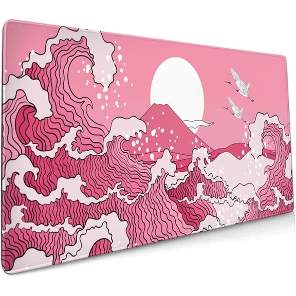 Japanese Pink Wave Gaming Mouse Pad 35.4 X 15.7 Inch XXL Cool Style Art Design Full Des Mousepad Extended Large Non-Slip Rubber Base Keyboard Mat with Stitched Edges for Home Office