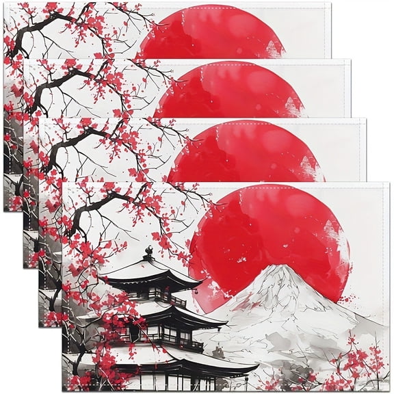 Japanese Place Mats 12x18 Inch-Set of 4,Black and Red Cherry Blossom Waterproof Placemats for Girls Boys Adults,Oriental Asian Style Placemats Mount Fuji Flowers Scratch Proof Placemats