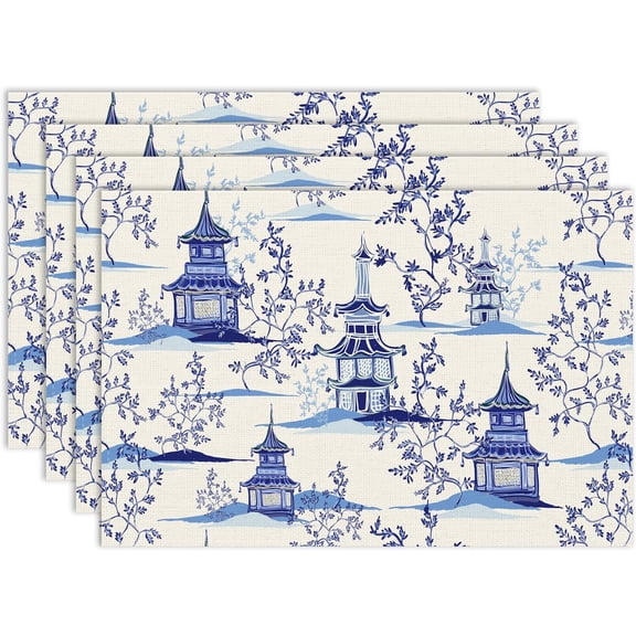 Japanese Placemat Set of 4, 12x18 Inch Blue Vintage Traditional Landscape Ink Painting Oriental Chinese Asian Style Chinoiserie Coffee Table Mats Home Outdoor Party Kitchen Dining Table Decoration