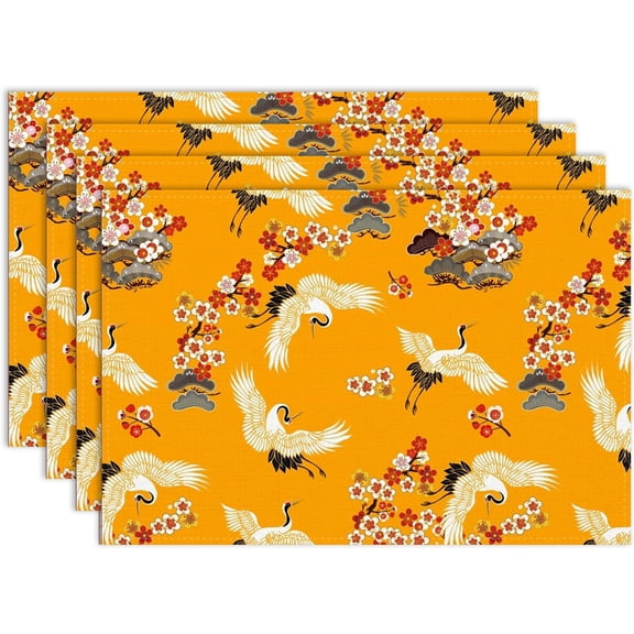 Japanese Placemat Set of 4, 12x18 Inch Vintage Cherry Blossom Crane Birds Red Floral Asian Oriental Chinese Rustic Yellow Table Mats Home Outdoor Party Kitchen Dining Table Decoration