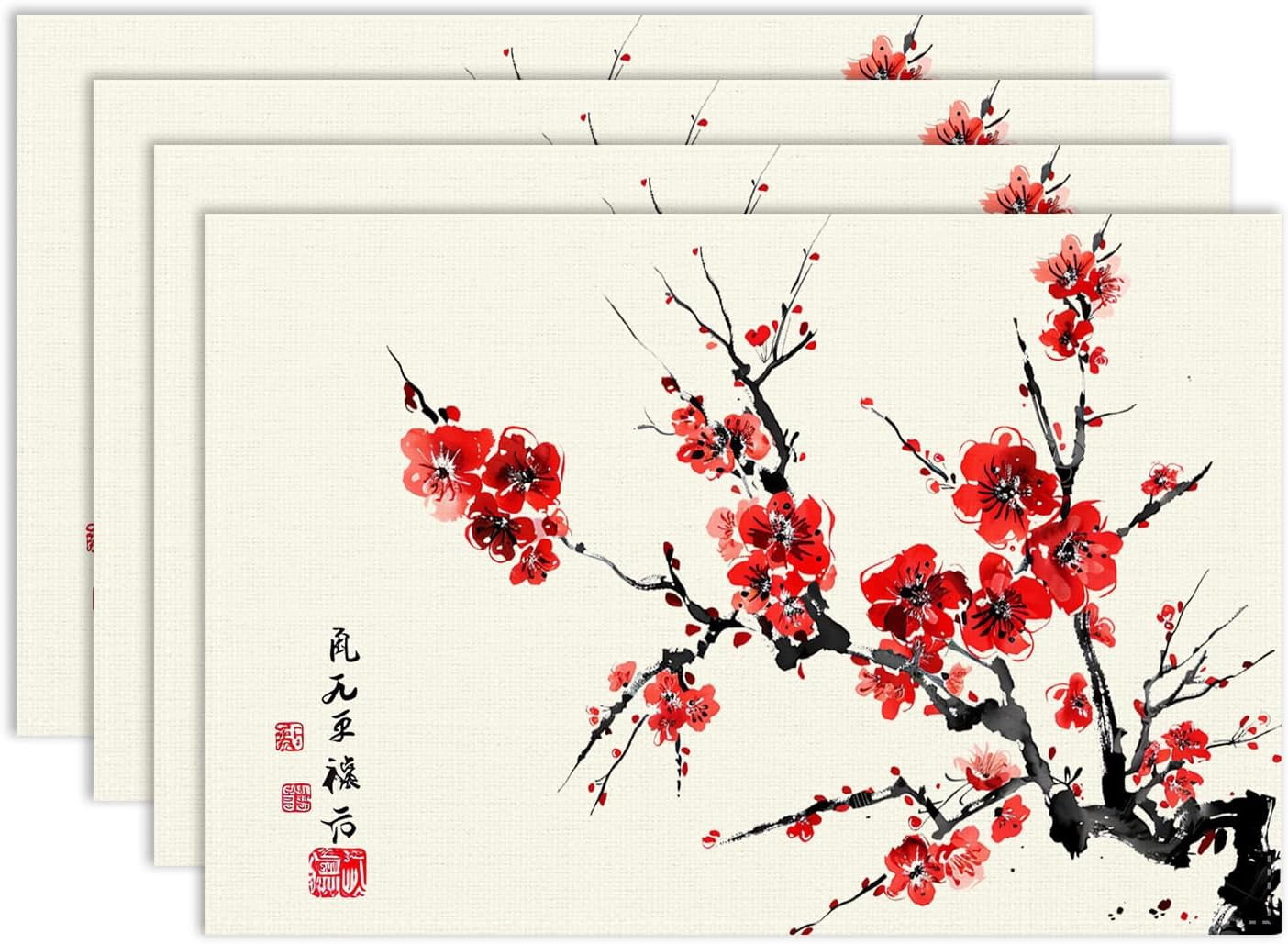 Japanese Placemat Set of 6, 12x18 Inch Red Cherry Blossom Chinese Asian ...