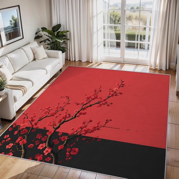 Japanese Plum Blossom Area Rug, Red Floral Asian Style Indoor Carpet, Washable Non Slip Low Pile Soft Thin Rug for Living Room Bedroom Home Decor Mat 4x5ft