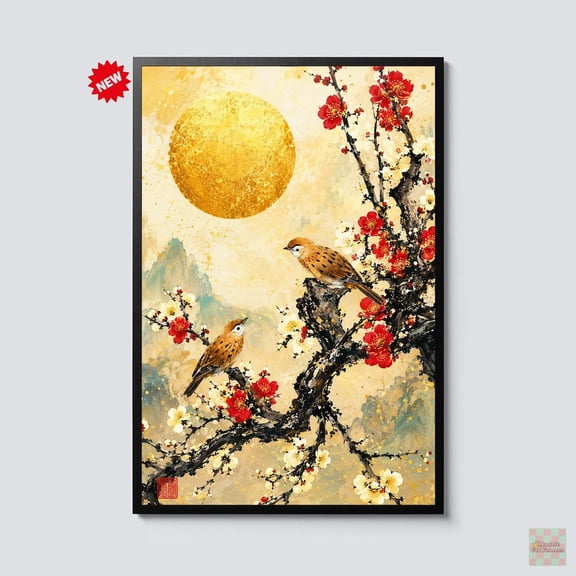 Japanese Plum Blossom Bird Wall Art Gold Moon Oriental Decor Red White Sakura Chinoiserie Nature Artwork