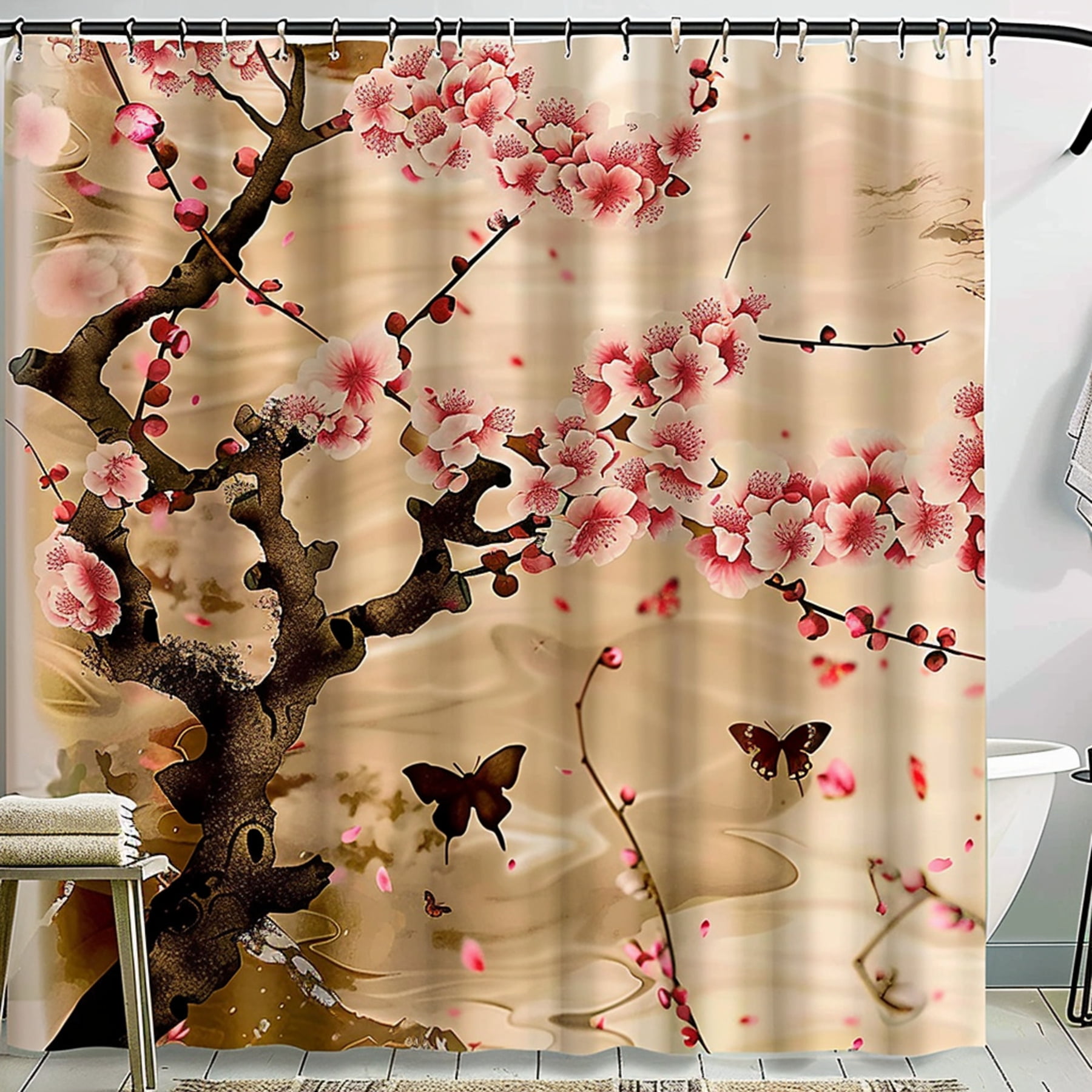 Japanese Plum Blossom & Butterfly Shower Curtain Vintage Boho Aesthetic ...