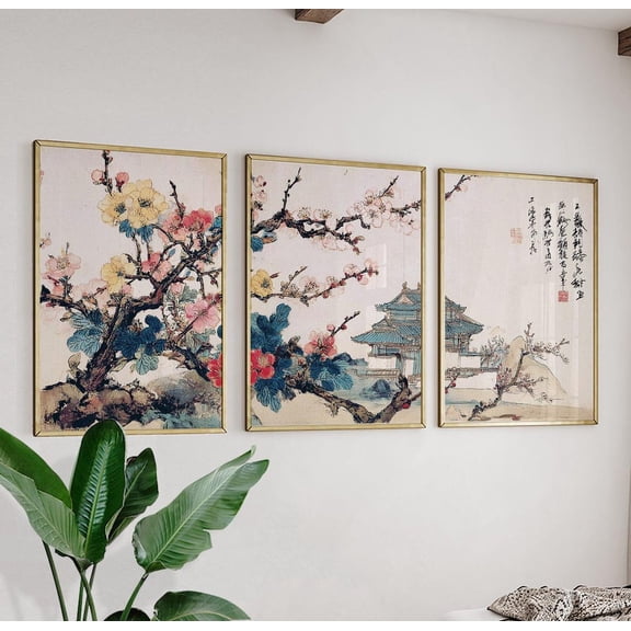 Japanese Plum Blossom Kyoto Temple Wall Art Floral Oriental Set Beige & Pastel Colours Set 3 Stretched Canvas