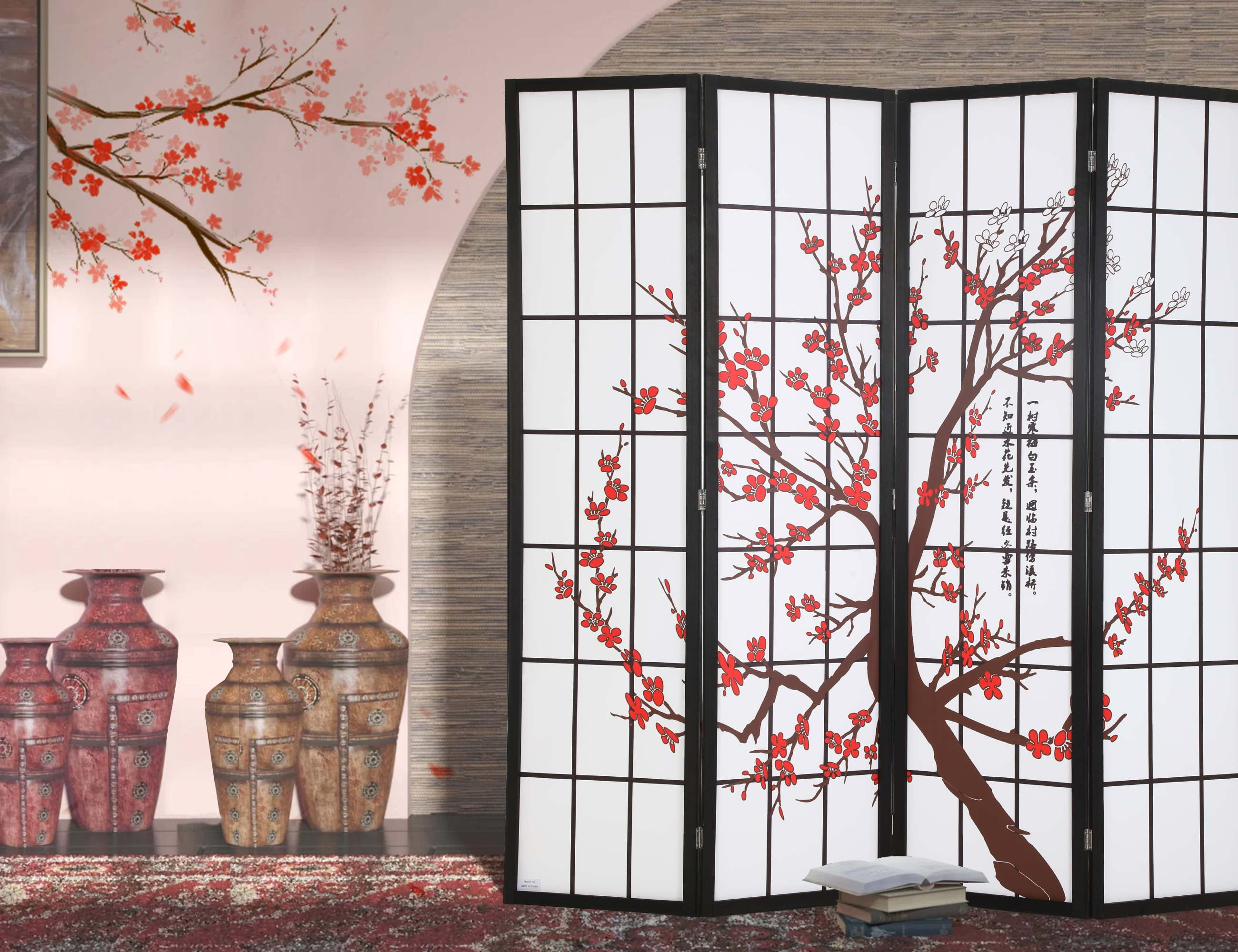 Japanese Plum Blossom Room Dividers with 4 Panels Wood, 6Ft Oriental Shoji Folding Privacy