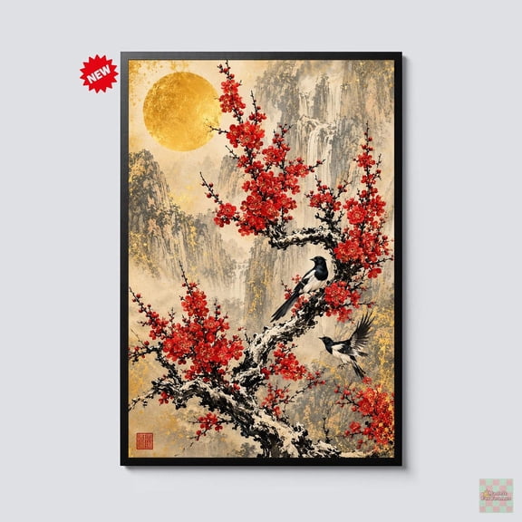 Japanese Plum Blossom Wall Art Red Sakura Bird Oriental Landscape Decor Gold Moon Chinoiserie Artwork Zen