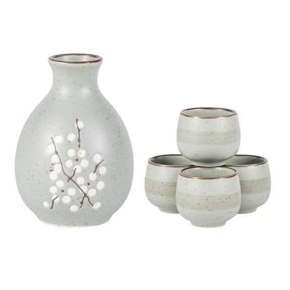 Japanese Plum Blossoms 5 Piece Sake Set 9.5 fl oz Bottle and 4 Cups Porcelain (Blue)