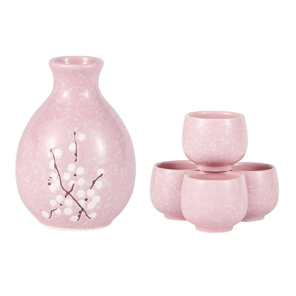 Japanese Plum Blossoms 5 Piece Sake Set 9.5 fl oz Bottle and 4 Cups Porcelain (Pink)