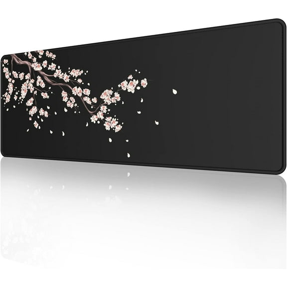 Japanese Plum Blossoms Black Mouse Pad (31.5 × 11.8 × 0.12 inch) Extended Large Mouse Mat Desk Pad, Stitched Edges Mousepad,Non-Slip Rubber Base,Gaming Mouse Pad XL.