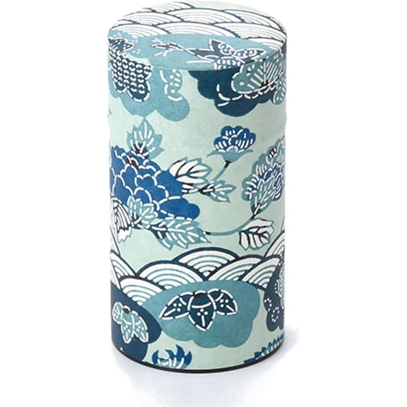 Japanese Pokkan Coffee Spice Tea Tin Canister Washi Paper Storage with Lid 7.05 oz Capacity (Shiki Seigaiha)