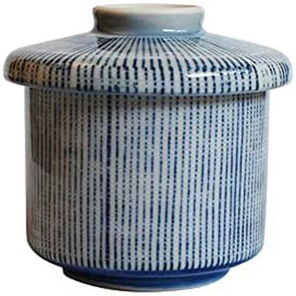 Japanese Porcelain Chawanmushi Cup with Lid, Seto-mono, Made in Japan, 105cc, Blue Hakeme Stripe$$Home Decor, Kitchen, & Other