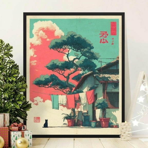 Japanese Posters, Traditional Home Art, Anime Landscape Print, Cat Illustration, Bonsai Tree Design, Colorful Cloud Poster, Japan Scenery, 8x12