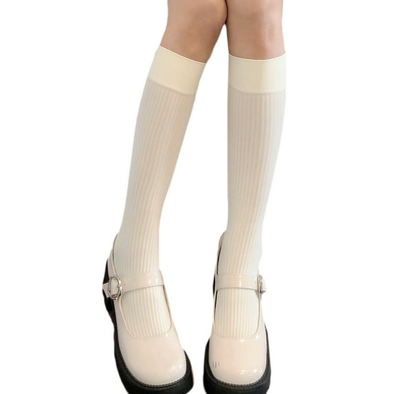 Japanese Preppy Style Women Knee High Socks Sweet Milky White Black Vertical Striped Solid Color Student Uniform Thin Slim Calf Stockings
