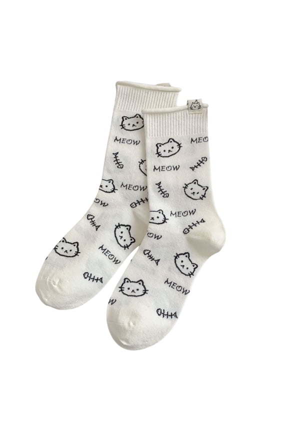 Japanese Preppy Women Cartoon Cats Print Combed Cotton Middle Calf Socks Roll Top Ankle Hosiery