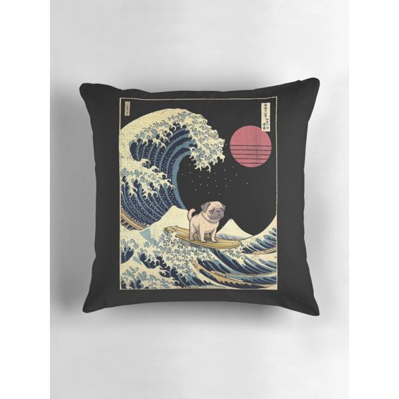 Japanese Pug Surfing Great Wave Woodblock Art Throw Pillow Cover, Double-Sided Print, Cover Only