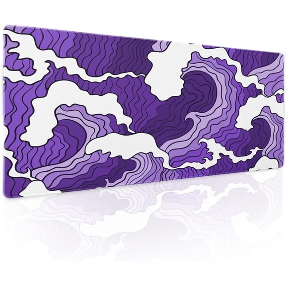 Japanese Purple White Wave Gaming Mouse Pad - XL Cartoon Sea Texture, Extended Large Desk Cover, Non-Slip Rubber Base, Stitched Edge, Long Keyboard Playmat, Office, 31.5×11.8 inch