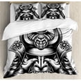 thumbnail image 1 of Japanese Queen Size Duvet Cover Set, Vintage Style Oriental Themed Demon Samurai Mask Eastern Style Martial Art Print, Decorative 3 Piece Bedding Set with 2 Pillow Shams, Black White, by Ambesonne, 1 of 3