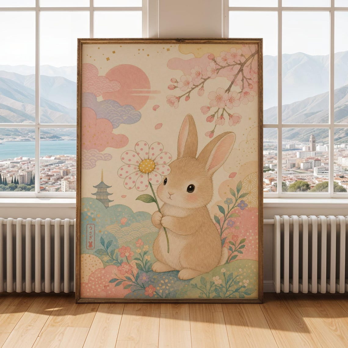 Daisy Rint Japanese Rabbit Daisy Wall Art Print, Cream Light Blue Nursery Decor ...