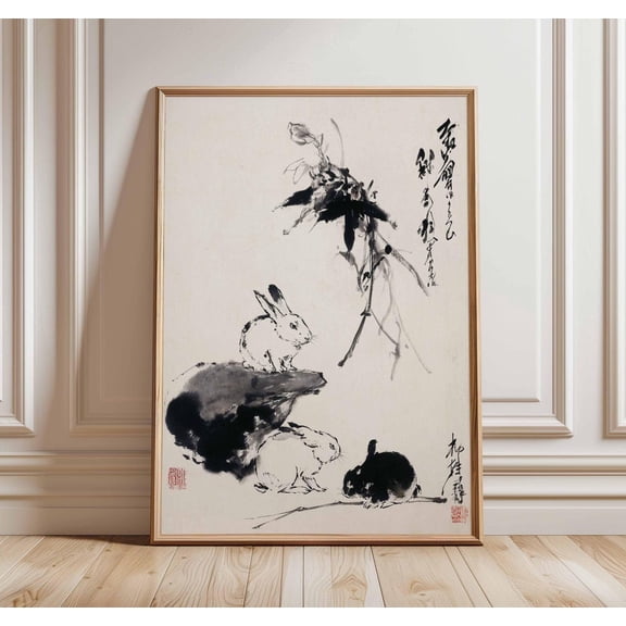 Japanese Rabbit Ink Art Oriental Zen Wall Art Lunar New Year Decor, Unframed Canvas