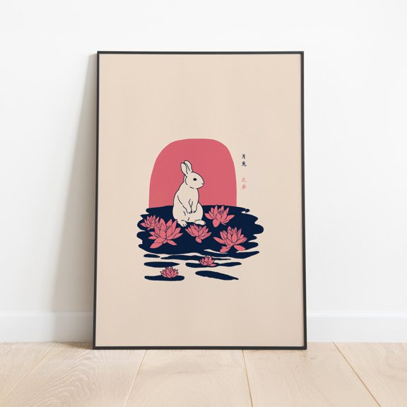 Japanese Rabbit Poster Moon Rabbit Wall Art Minimalist Bunny Poster , Poster Print Only